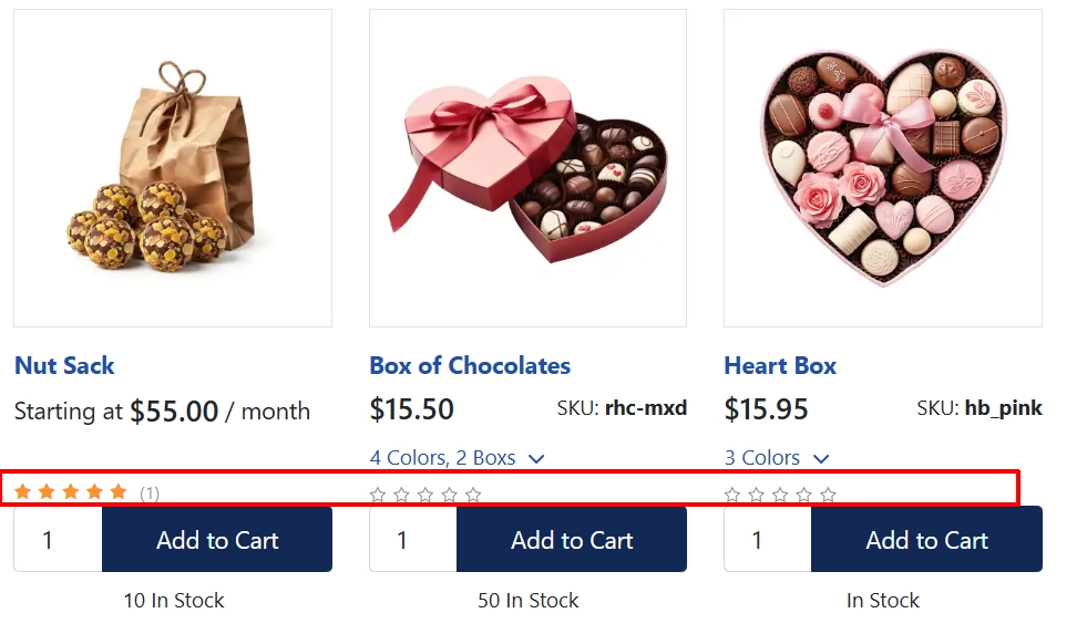 Category product cards for Nut Sack, Box of Chocolates and Heart Box with the review stars highlighted between the price or options and the Add to Cart button