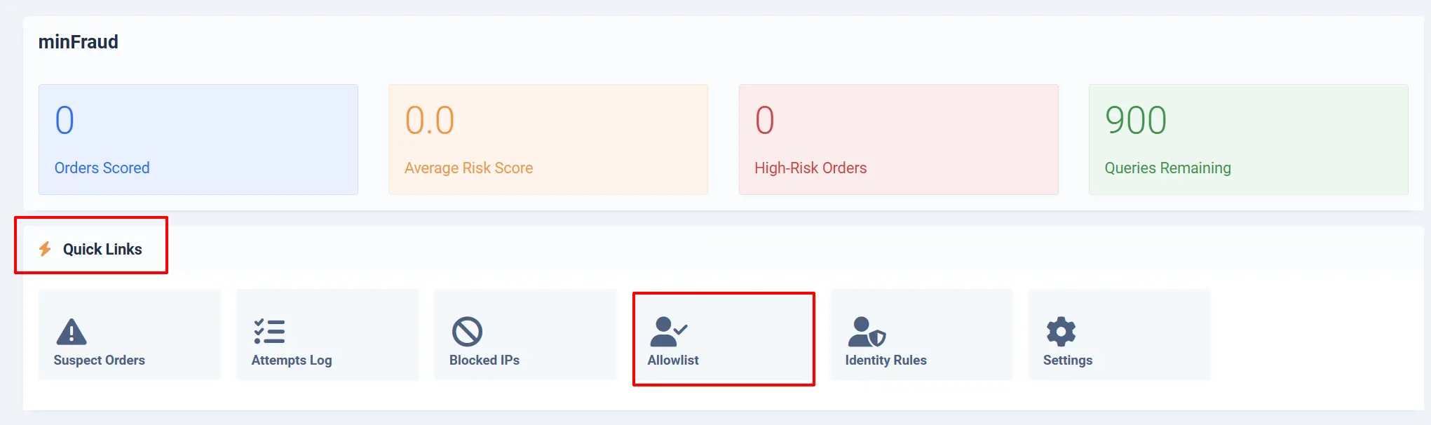 Fraud screening dashboard with Orders Scored, Average Risk Score, High-Risk Orders and Queries Remaining cards, and the Allowlist tile highlighted under Quick Links