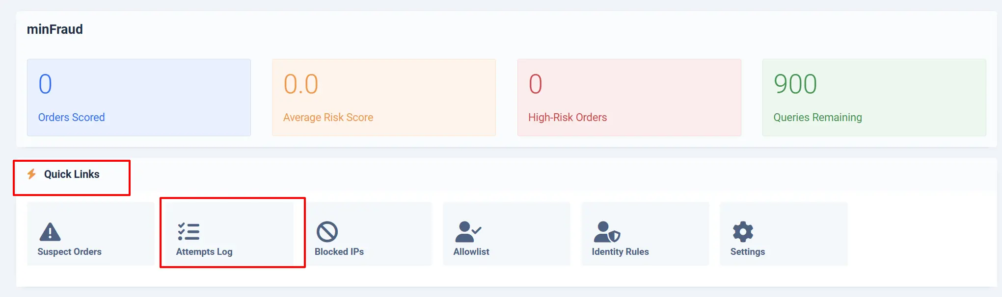 Fraud screening dashboard with the Quick Links section and the Attempts Log tile highlighted among Suspect Orders, Blocked IPs, Allowlist and Identity Rules