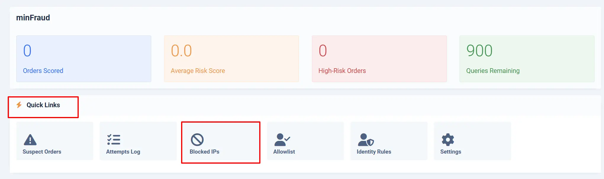 Fraud screening dashboard with the Quick Links section and the Blocked IPs tile highlighted among Suspect Orders, Attempts Log, Allowlist and Identity Rules