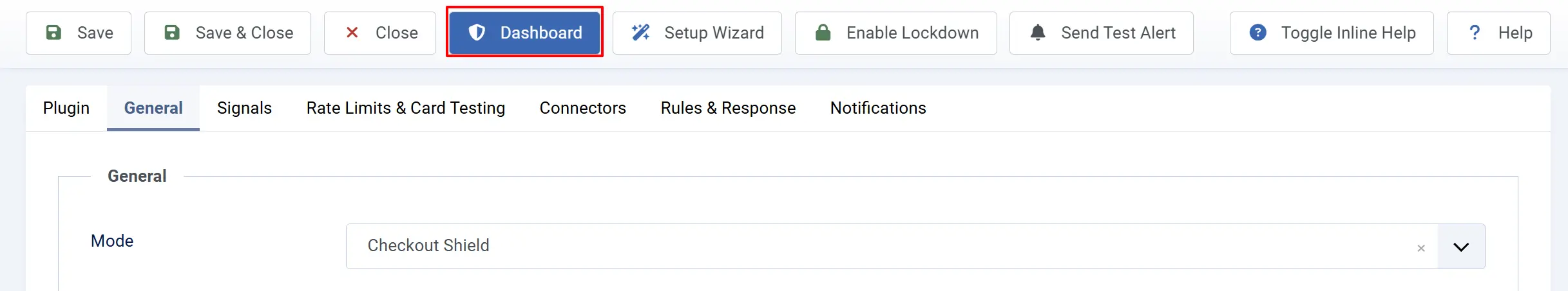 Checkout Shield plugin settings toolbar with the Dashboard button highlighted, beside Setup Wizard, Enable Lockdown and Send Test Alert, with Mode set to Checkout Shield