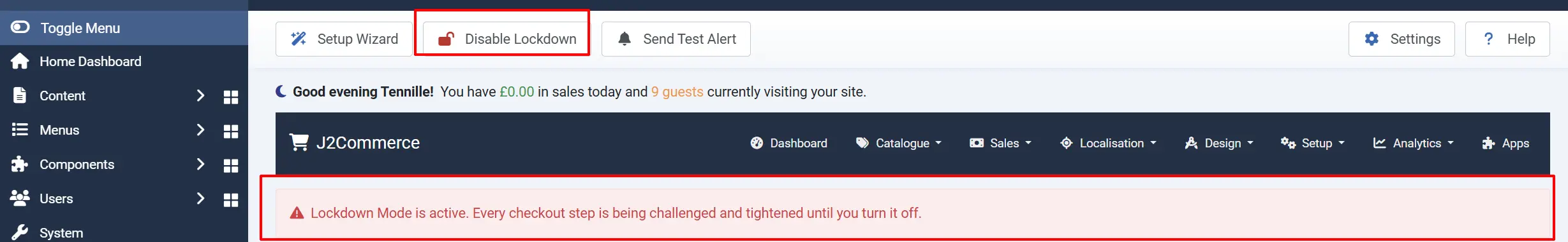Checkout Shield dashboard with the toolbar button now reading Disable Lockdown and a red banner highlighted saying Lockdown Mode is active