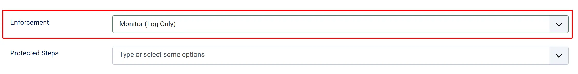 Checkout Shield settings with the Enforcement field highlighted and set to Monitor (Log Only), above an empty Protected Steps field