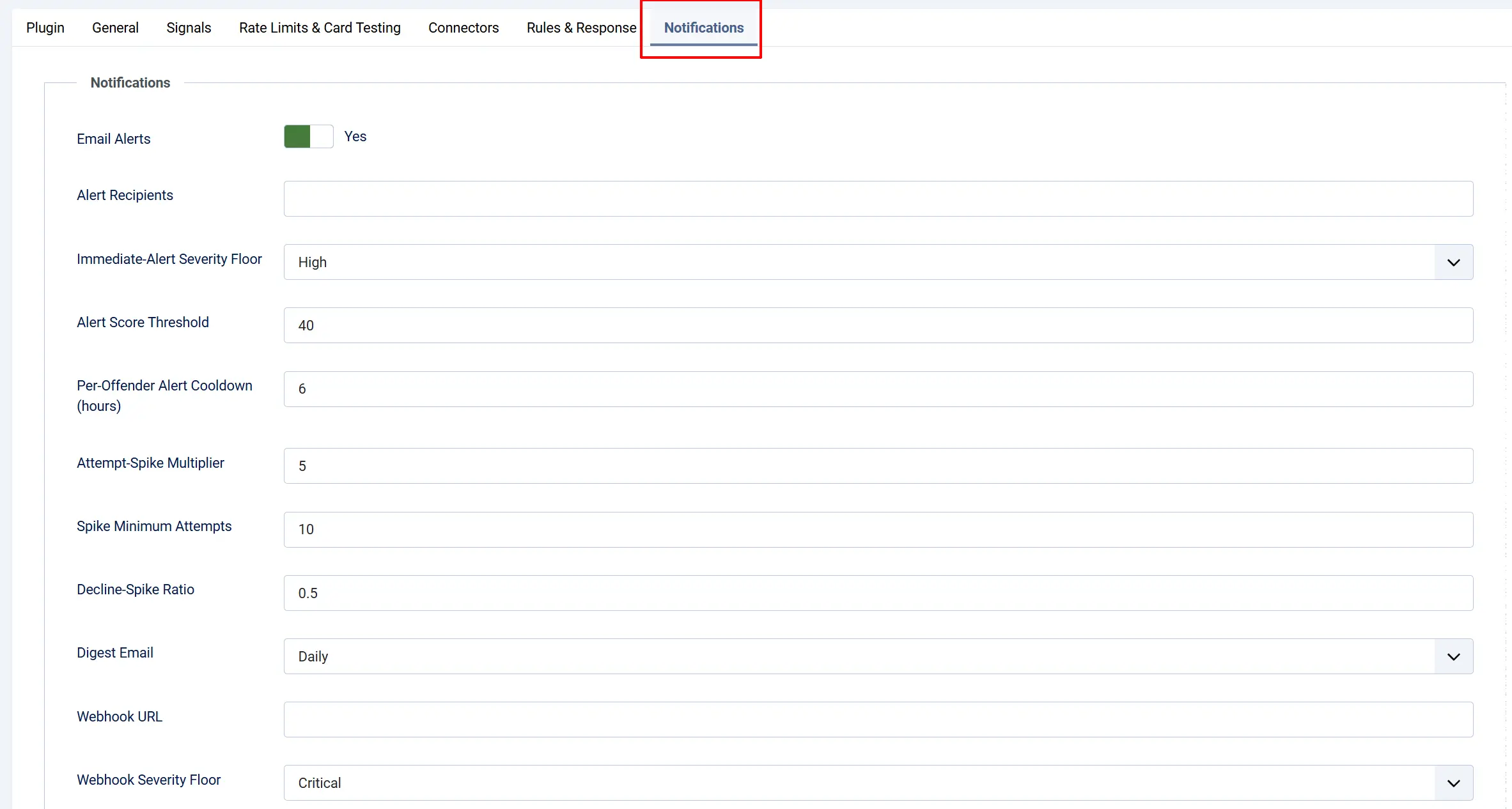 Checkout Shield plugin, Notifications tab highlighted: Email Alerts Yes, Immediate-Alert Severity Floor High, Alert Score Threshold 40, Digest Email Daily, Webhook Severity Floor Critical