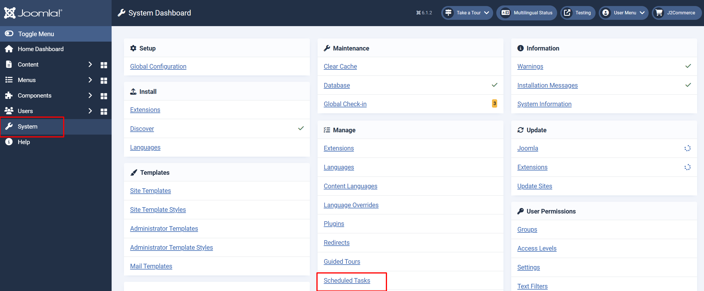 Joomla System Dashboard with the System sidebar item and the Scheduled Tasks link under Manage highlighted