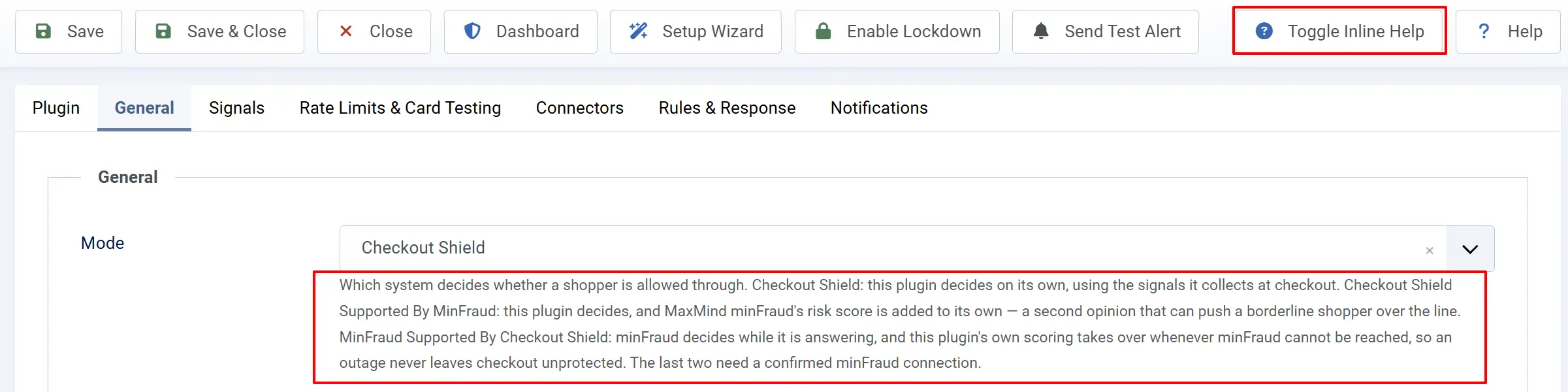 Checkout Shield plugin with Toggle Inline Help highlighted and the Mode help text highlighted below the Checkout Shield selection