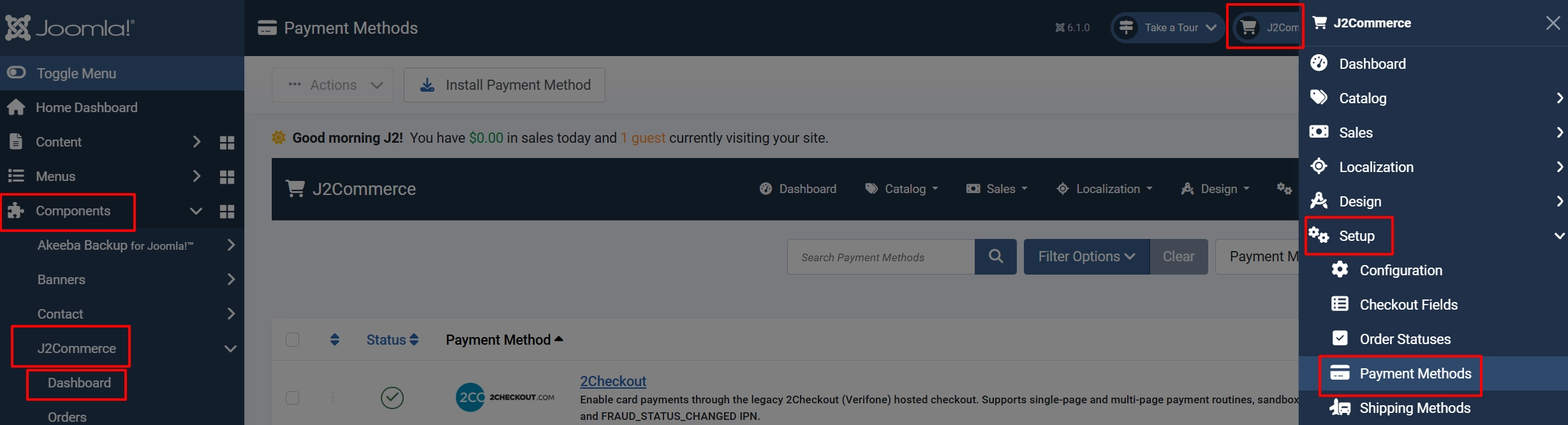 J2Commerce Payment Methods list reached via Components > J2Commerce and the J2Commerce menu's Setup > Payment Methods, both highlighted, with 2Checkout listed