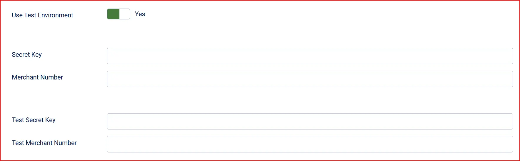 Payment plugin credentials: Use Test Environment Yes, with empty Secret Key, Merchant Number, Test Secret Key and Test Merchant Number fields