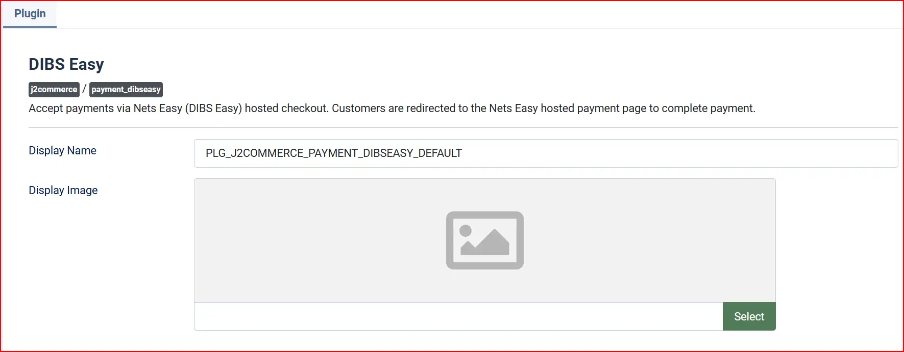 DIBS Easy plugin settings top: Display Name (language key) and an empty Display Image selector with Select button, under the payment_dibseasy heading