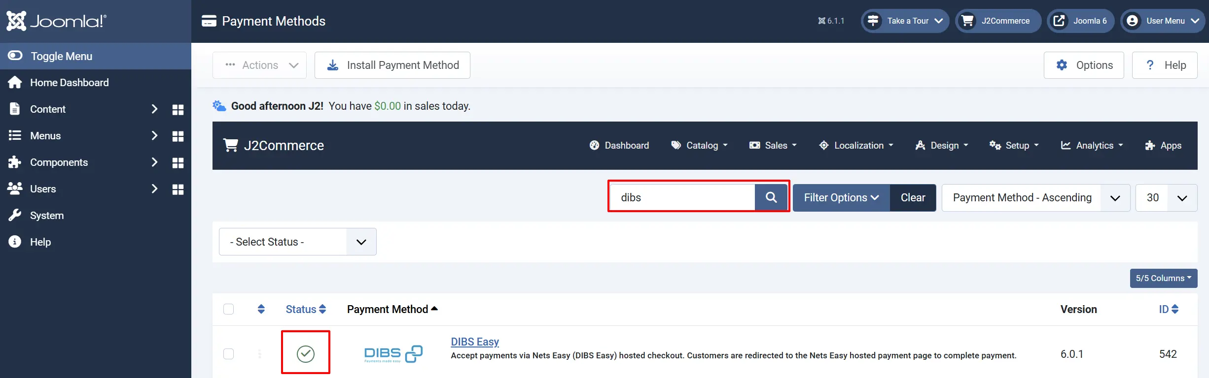 Joomla Payment Methods list searched for "dibs", with the search box and the DIBS Easy row's green enabled checkmark highlighted