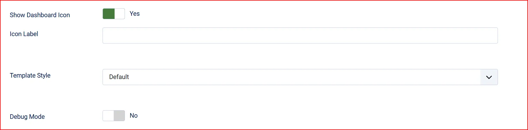 DIBS Easy plugin settings: Show Dashboard Icon Yes, Icon Label empty, Template Style Default, Debug Mode No