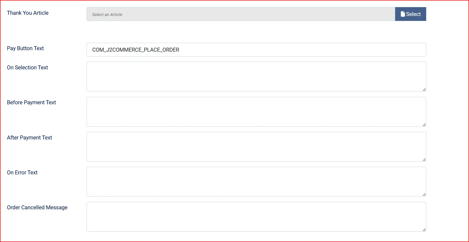 DIBS Easy plugin settings: Thank You Article selector, Pay Button Text COM_J2COMMERCE_PLACE_ORDER, and empty selection, payment, error and cancelled text fields