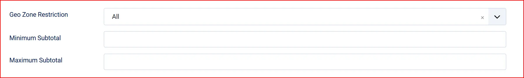 DIBS Easy plugin settings: Geo Zone Restriction set to All, with empty Minimum Subtotal and Maximum Subtotal fields