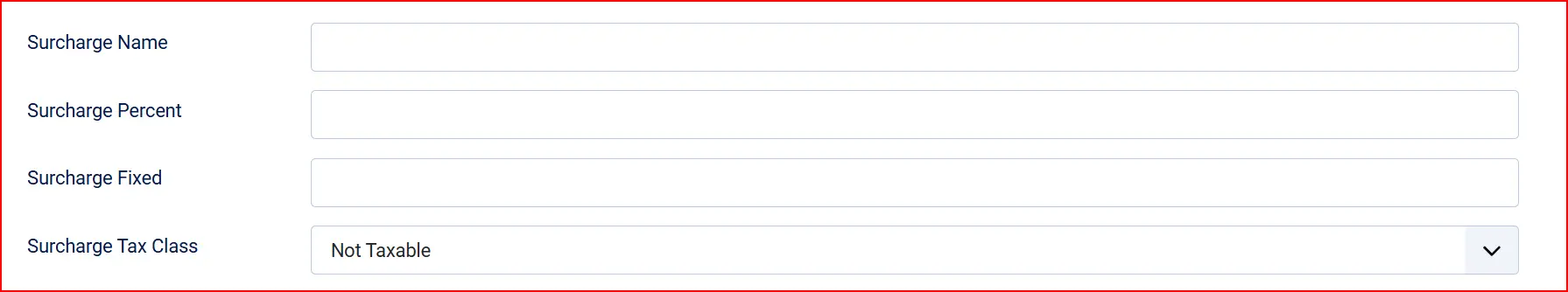 DIBS Easy plugin settings: empty Surcharge Name, Percent and Fixed fields, Surcharge Tax Class set to Not Taxable
