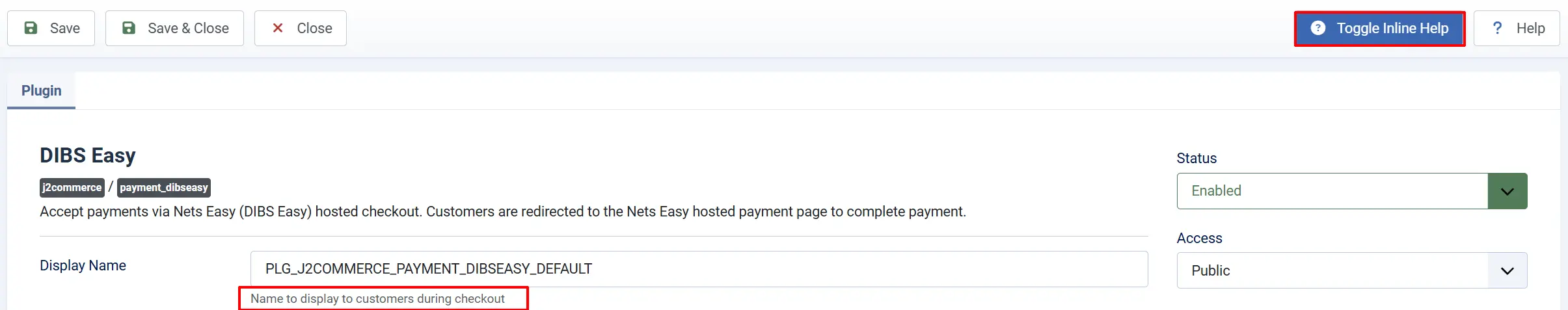DIBS Easy plugin settings with Toggle Inline Help highlighted and help text shown under the Display Name field (Name to display to customers during checkout)