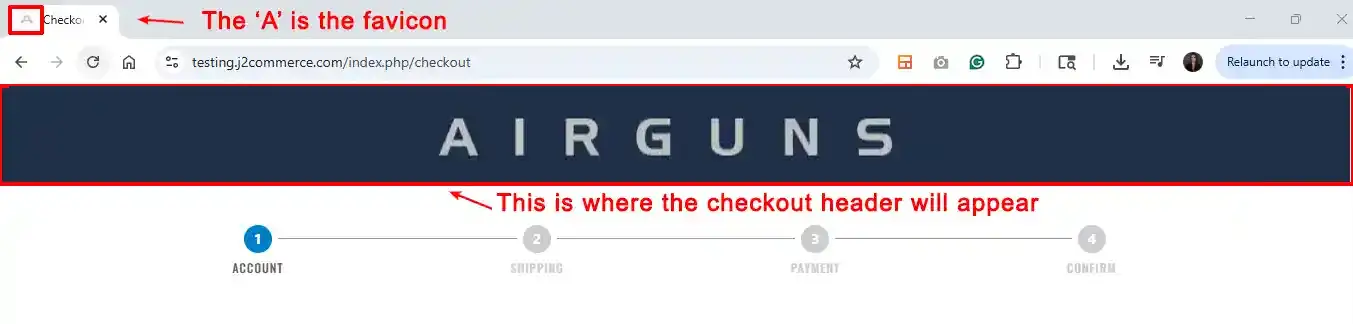 Browser checkout page with the favicon letter in the tab and the checkout header banner area highlighted above the four-step progress bar