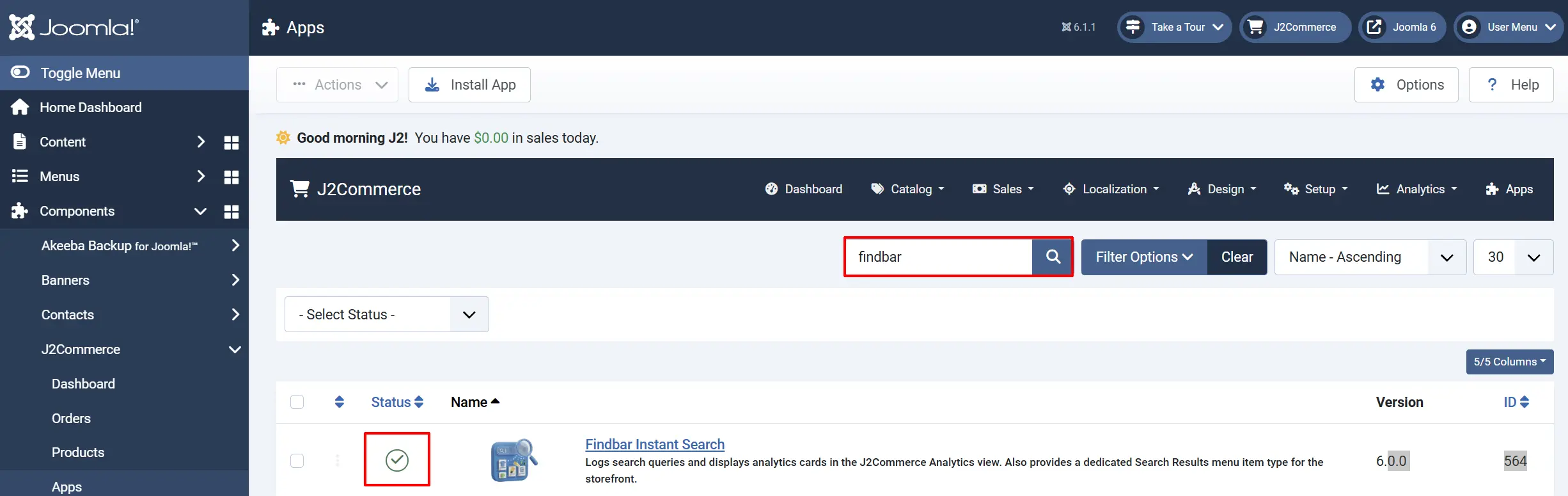 J2Commerce Apps list searched for "findbar", with the search box and the Findbar Instant Search enabled status icon highlighted