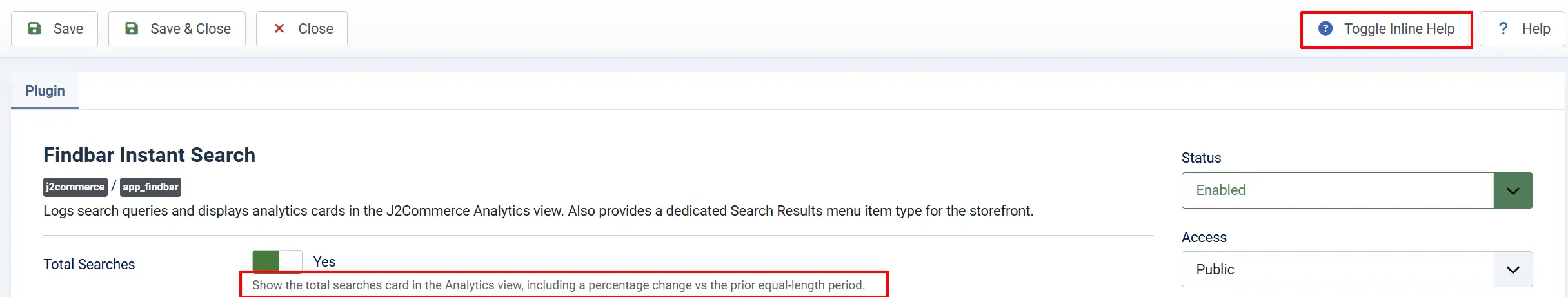 Findbar Instant Search plugin with Toggle Inline Help highlighted and the Total Searches help text highlighted below its switch set to Yes