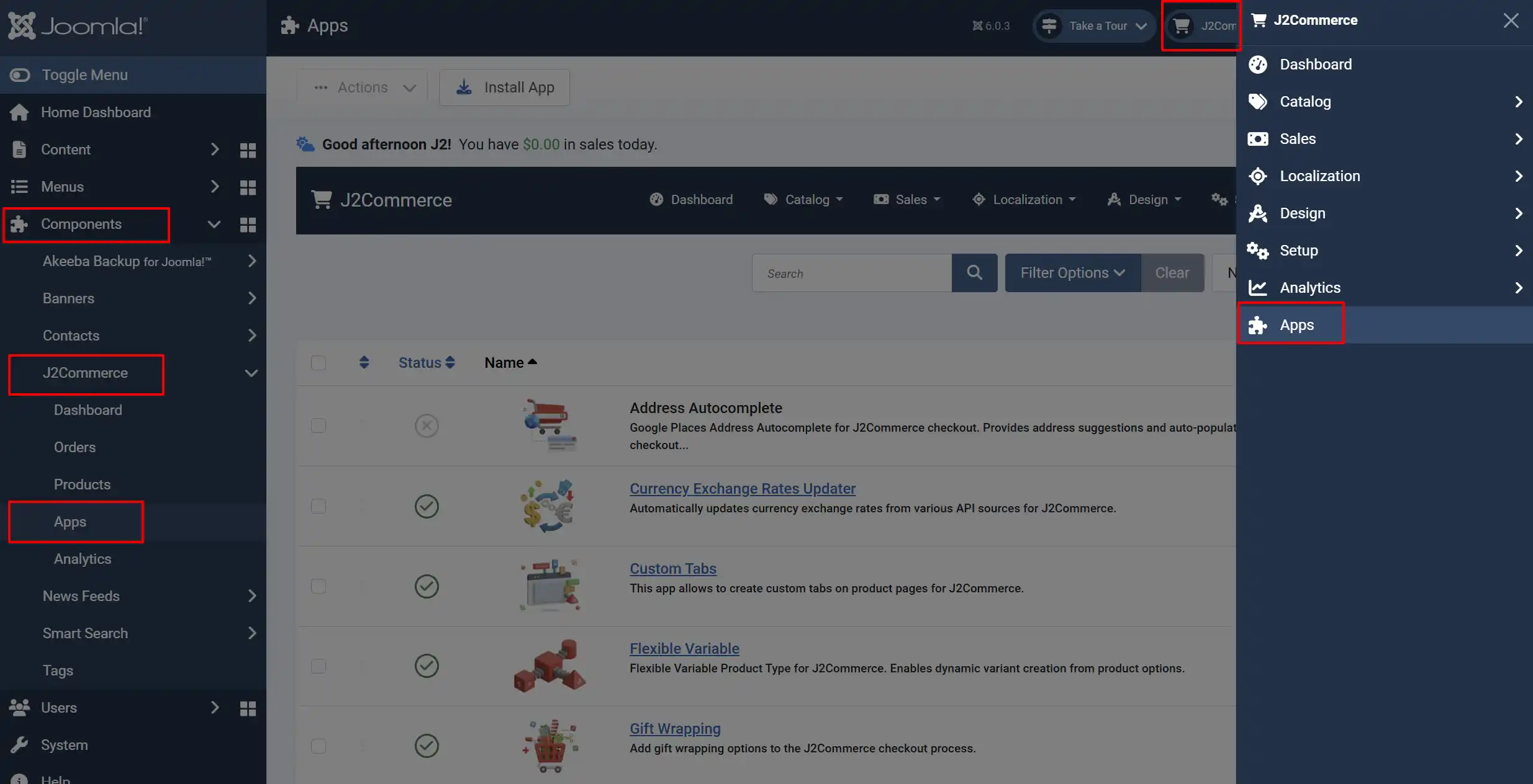 Joomla admin navigation to J2Commerce Apps: Components, J2Commerce, Apps in the sidebar and Apps in the J2Commerce menu highlighted, above the list of apps