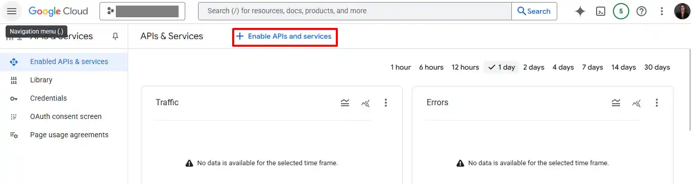 Google Cloud Console APIs & Services dashboard with the Enable APIs and services button highlighted at the top