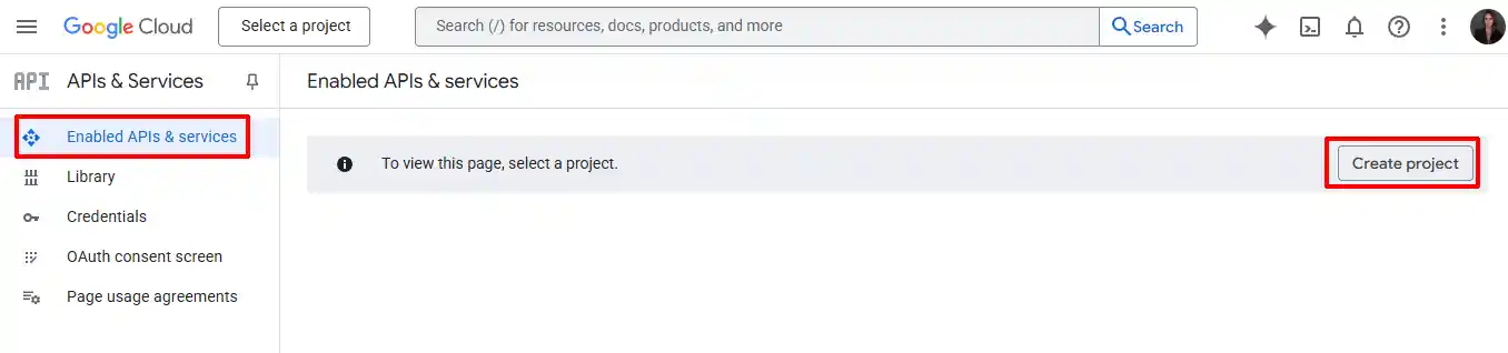 Google Cloud APIs & Services page asking to select a project, with Enabled APIs & services and the Create project button highlighted