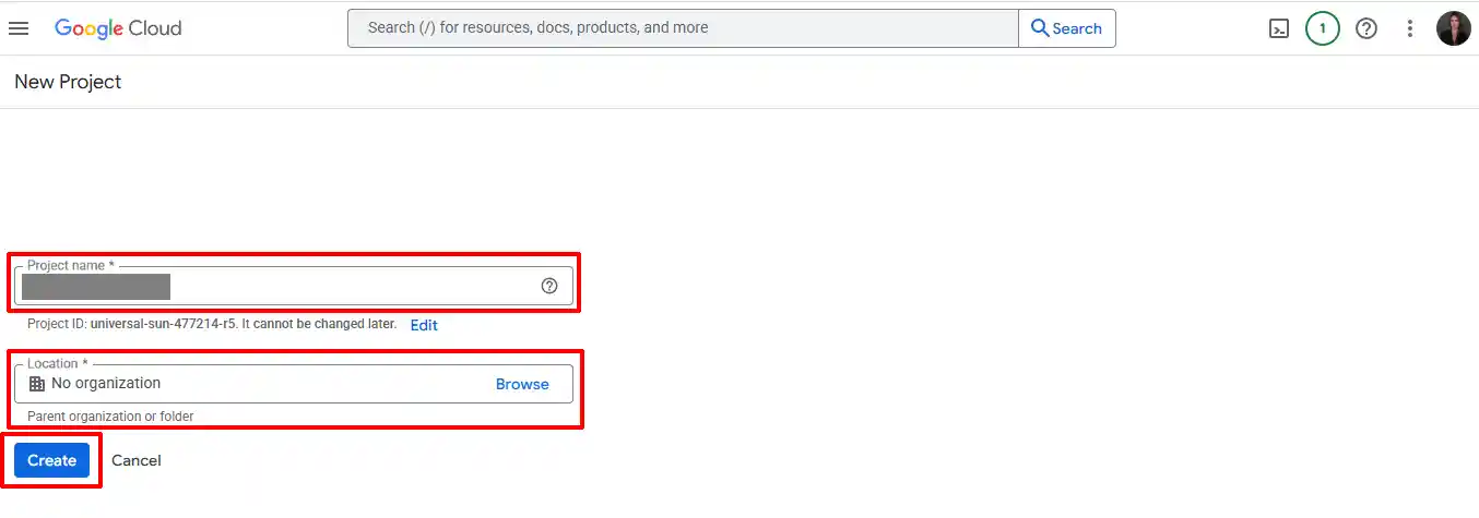 Google Cloud New Project form with the Project name and Location (No organization) fields and the Create button highlighted