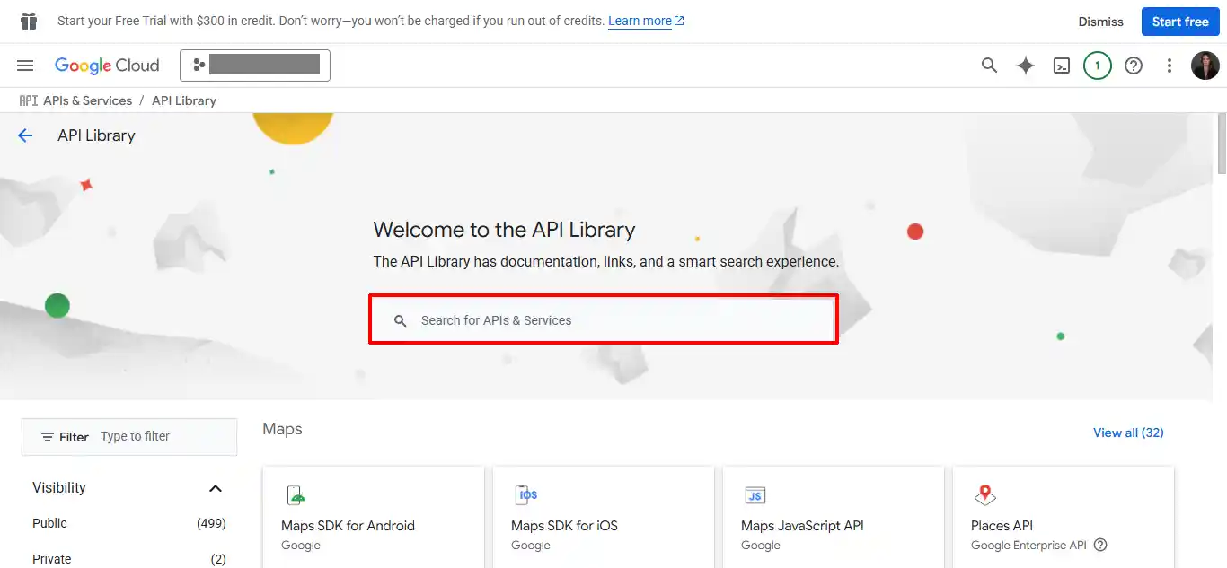 Google Cloud API Library welcome page with the Search for APIs & Services box highlighted
