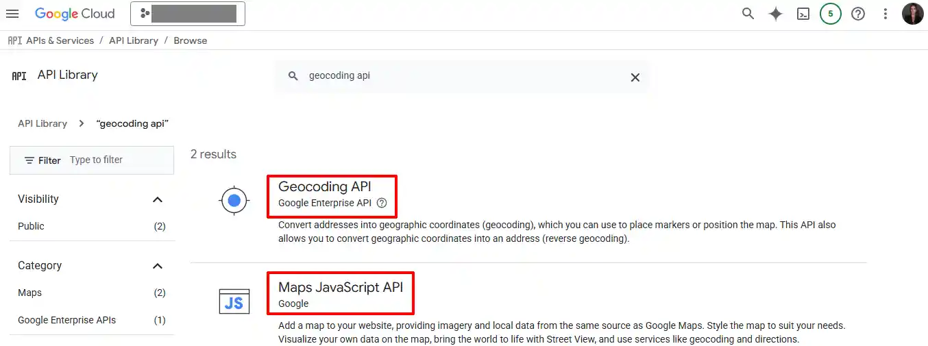 Google Cloud API Library search results for "geocoding api" with Geocoding API and Maps JavaScript API highlighted