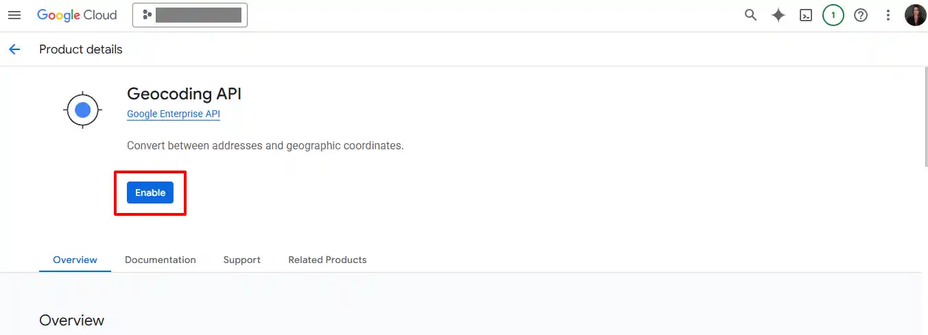 Google Cloud Geocoding API product details page with the Enable button highlighted
