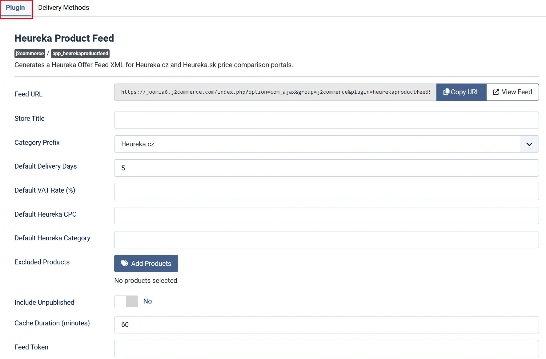 Heureka Product Feed settings, Plugin tab highlighted: Category Prefix Heureka.cz, Default Delivery Days 5, Include Unpublished No, Cache Duration 60