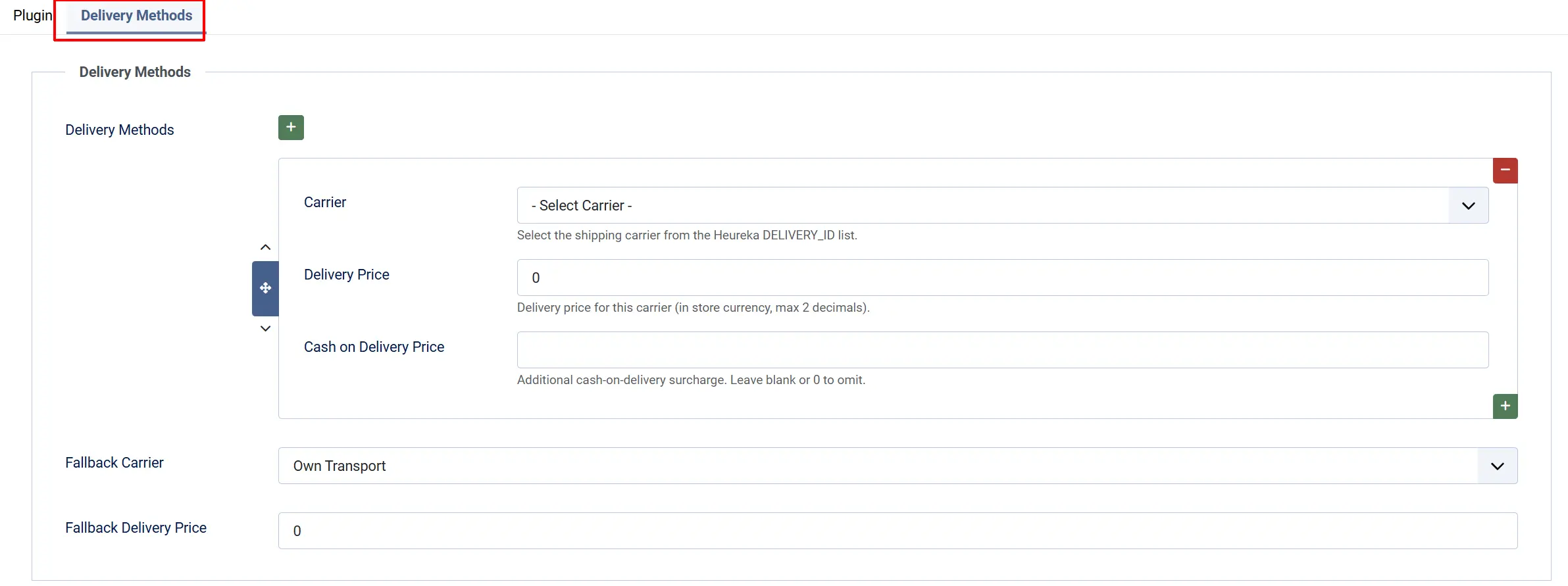 Heureka Product Feed settings, Delivery Methods tab highlighted: Carrier, Delivery Price and Cash on Delivery Price fields, Fallback Carrier Own Transport