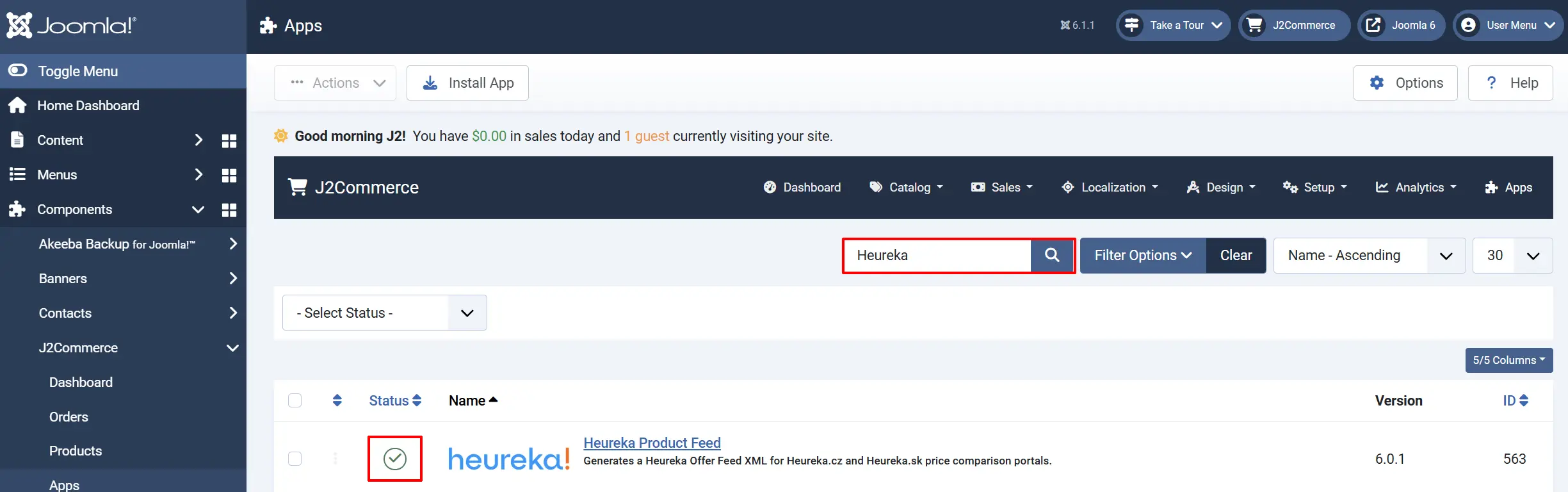 Joomla Apps list searched for Heureka, with the Heureka Product Feed status icon highlighted as a green checkmark showing it is enabled