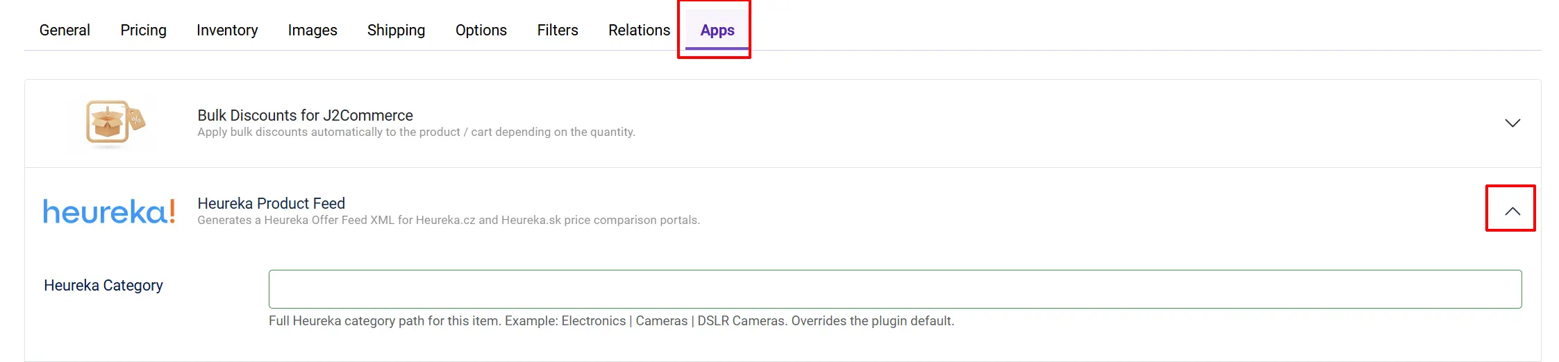 Product edit screen, Apps tab highlighted, with the Heureka Product Feed section expanded to show the Heureka Category field