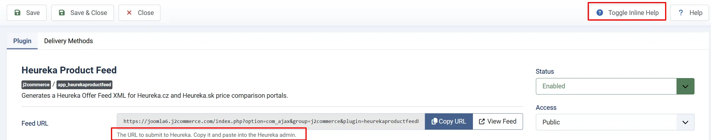 Heureka Product Feed plugin settings with the Toggle Inline Help button highlighted and the Feed URL help text shown below the field