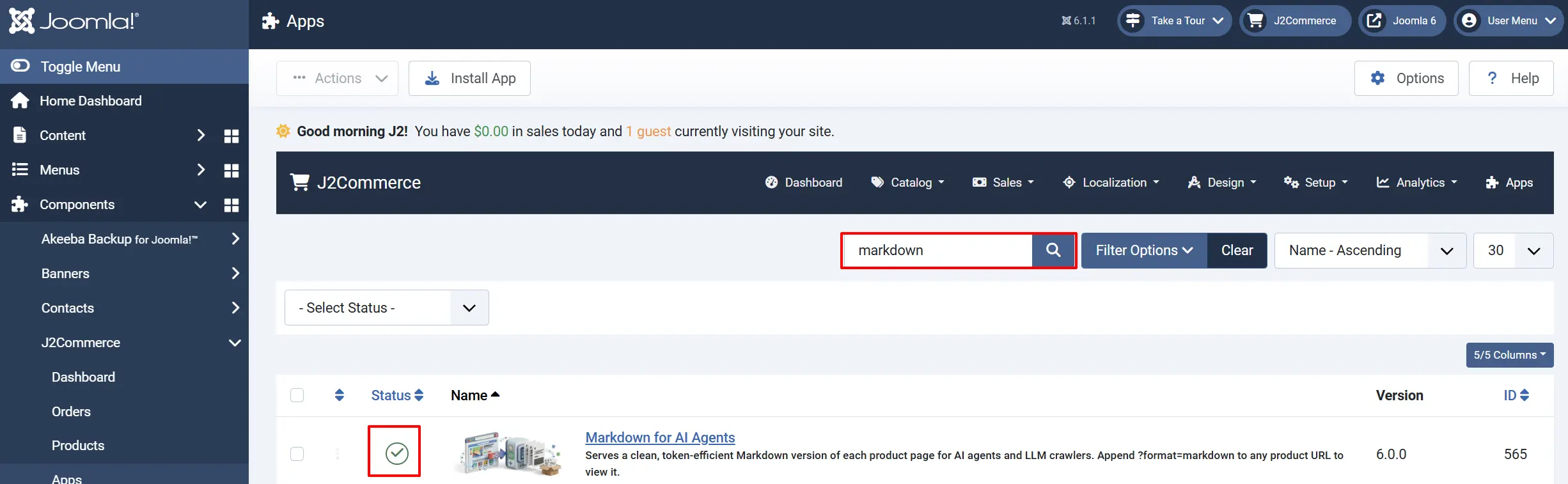 Joomla Apps list searched for markdown, with the Markdown for AI Agents status icon highlighted as a green checkmark showing it is enabled