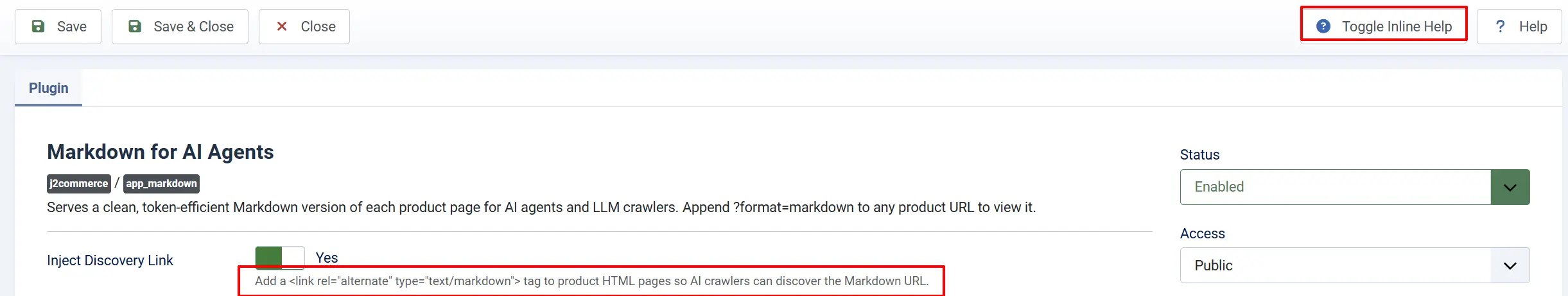 Markdown for AI Agents settings with the Toggle Inline Help button highlighted and the Inject Discovery Link help text shown below the field