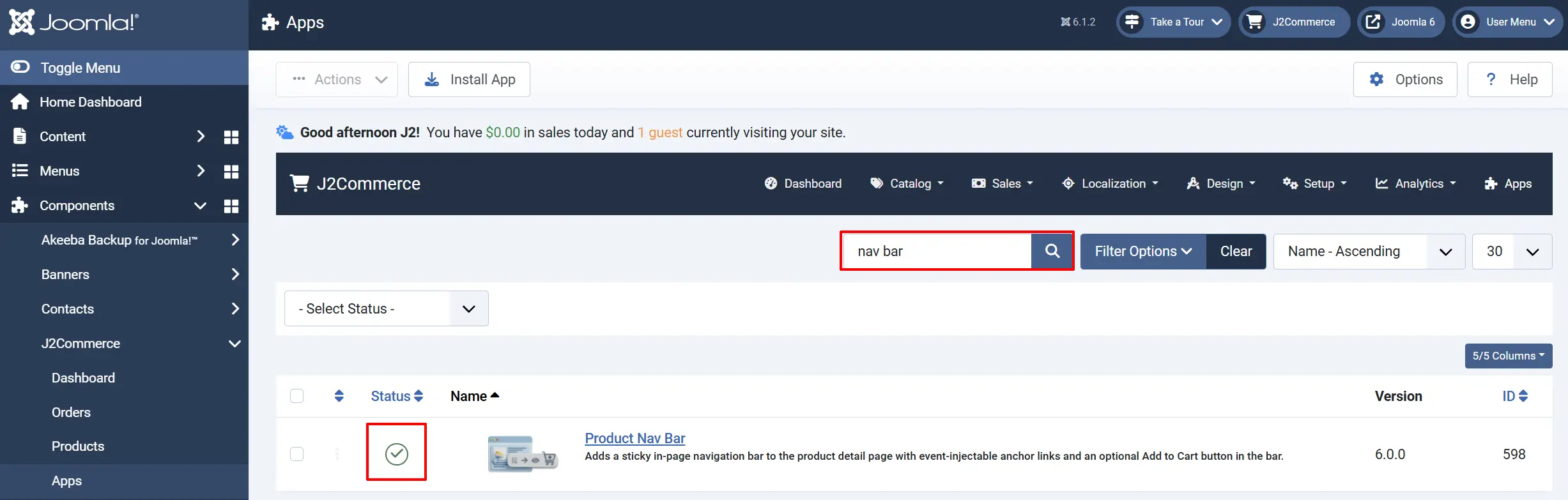 Joomla Apps list searched for nav bar, with the Product Nav Bar status icon highlighted as a green checkmark showing it is enabled