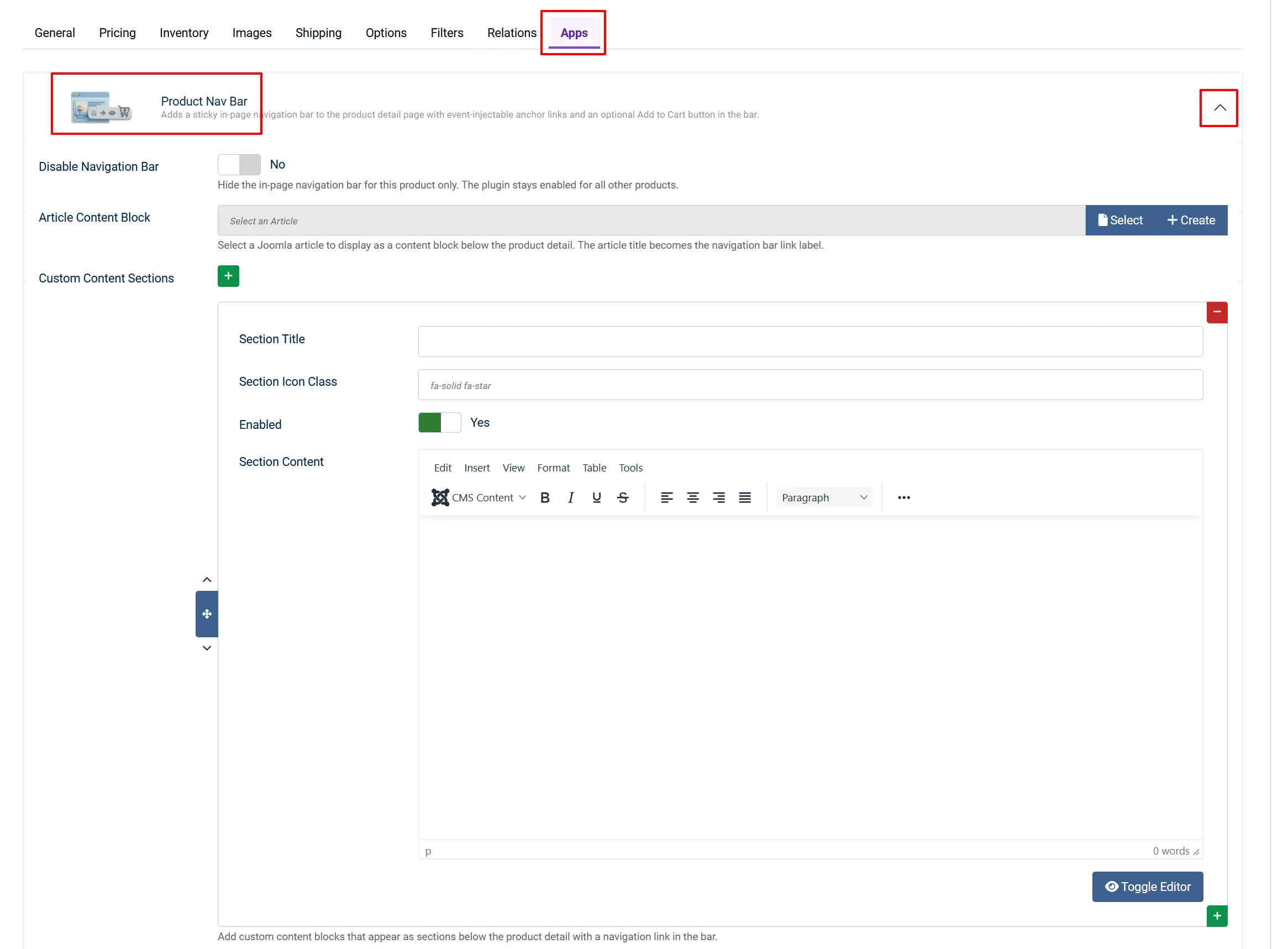 Product edit screen, Apps tab highlighted, with Product Nav Bar expanded: Disable Navigation Bar No, Article Content Block and Custom Content Sections