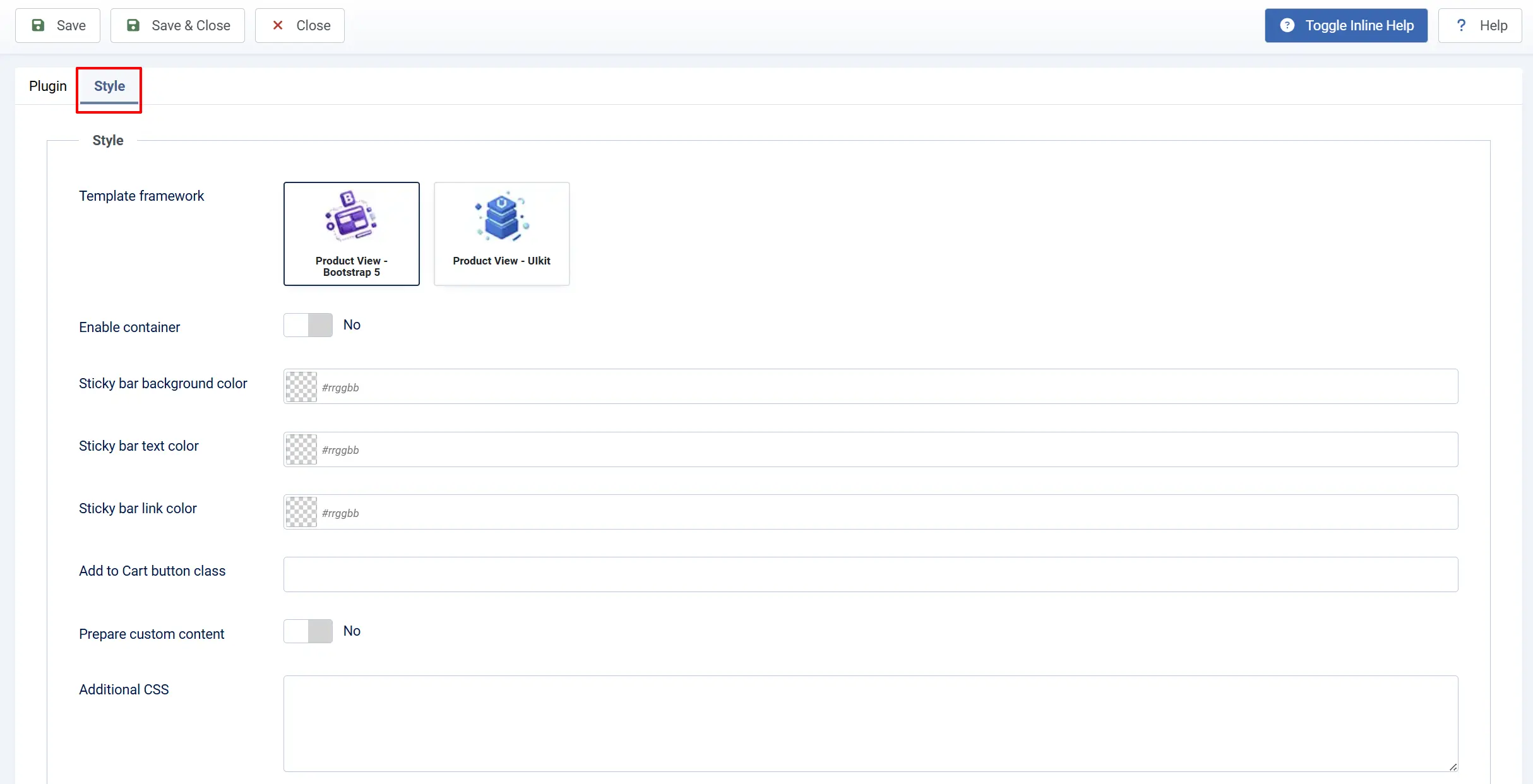 Product Nav Bar settings, Style tab highlighted: Template framework Product View - Bootstrap 5 selected, Enable container No, color and CSS fields