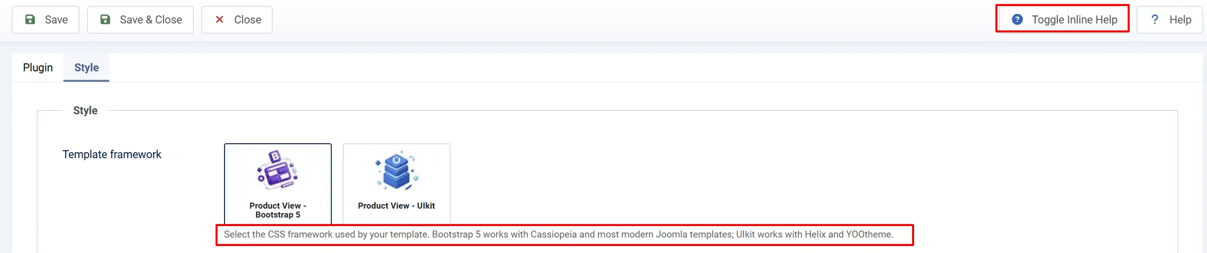 Product Nav Bar Style tab with Toggle Inline Help highlighted and help text explaining the Template framework choice of Bootstrap 5 or UIkit