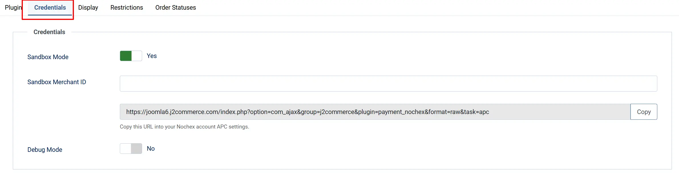 Nochex plugin, Credentials tab highlighted: Sandbox Mode Yes, empty Sandbox Merchant ID, a read-only callback URL field with Copy button, Debug Mode No