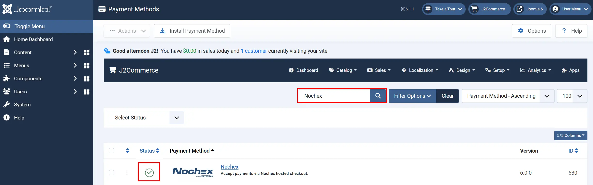 Joomla Payment Methods list searched for "Nochex", with the Nochex row's Status checkmark highlighted as enabled