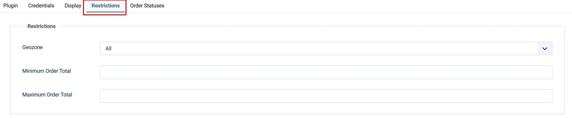 Nochex plugin, Restrictions tab highlighted: Geozone set to All, with empty Minimum Order Total and Maximum Order Total fields