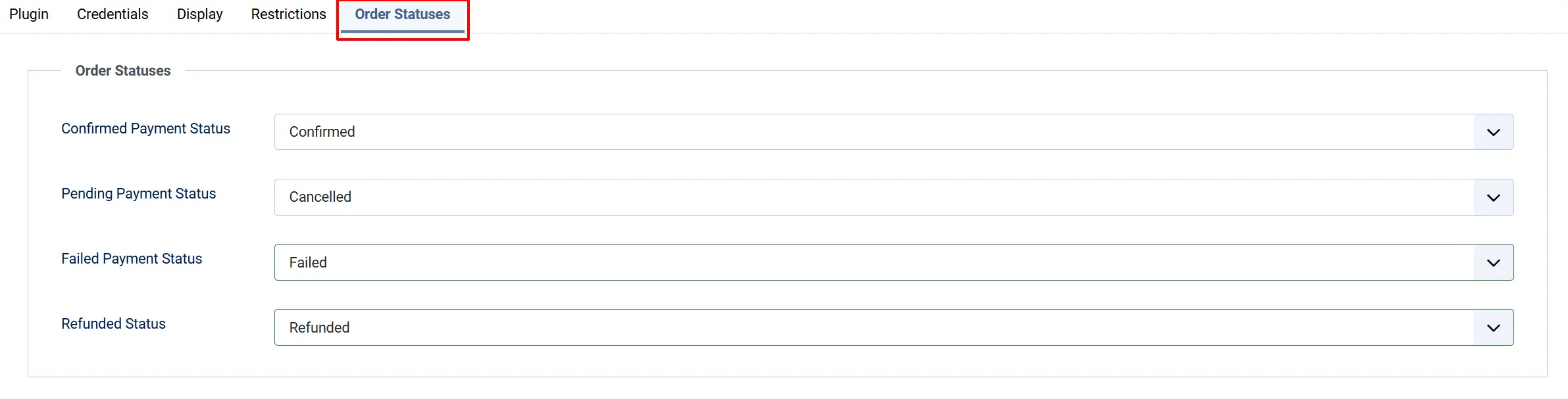 Nochex plugin, Order Statuses tab highlighted: Confirmed Payment Status Confirmed, Pending Payment Status Cancelled, Failed Payment Status Failed, Refunded Status Refunded