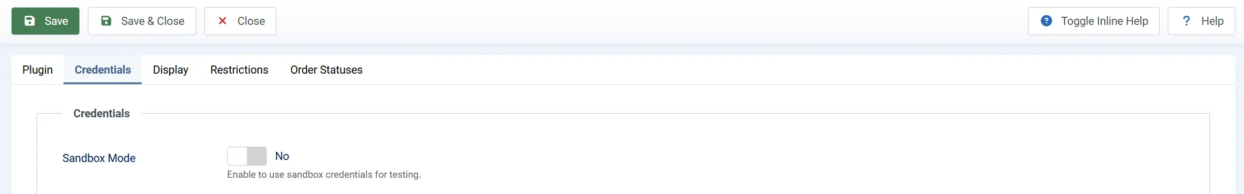 Nochex plugin toolbar with Save, Save & Close, Close and Toggle Inline Help, over the Credentials tab showing Sandbox Mode No