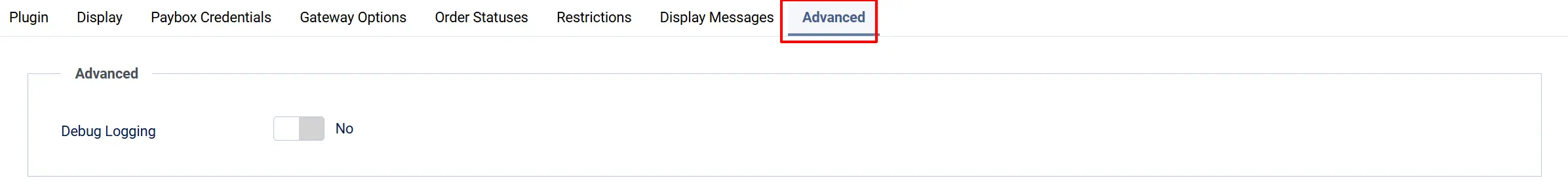 Paybox plugin, Advanced tab highlighted among the tab row: Debug Logging set to No