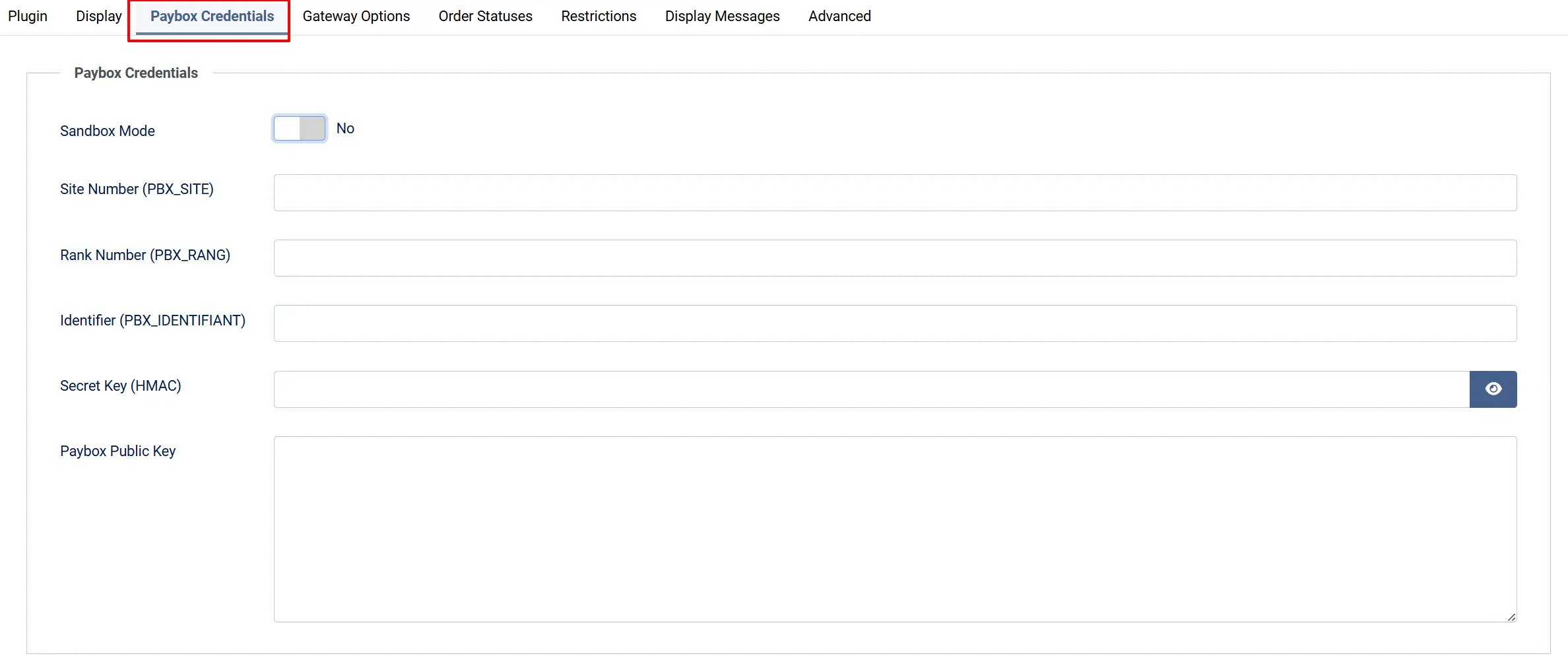 Paybox plugin, Paybox Credentials tab highlighted: Sandbox Mode No, with empty Site Number, Rank Number, Identifier, Secret Key (HMAC) and Paybox Public Key fields