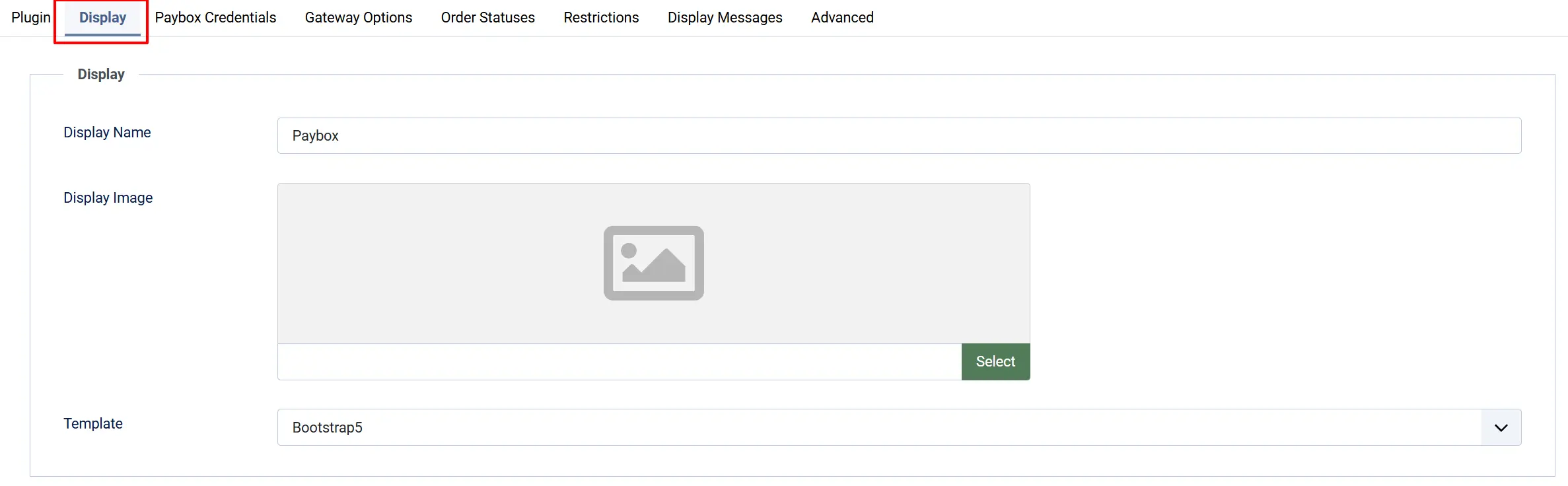 Paybox plugin, Display tab highlighted: Display Name Paybox, an empty Display Image picker, and Template set to Bootstrap5