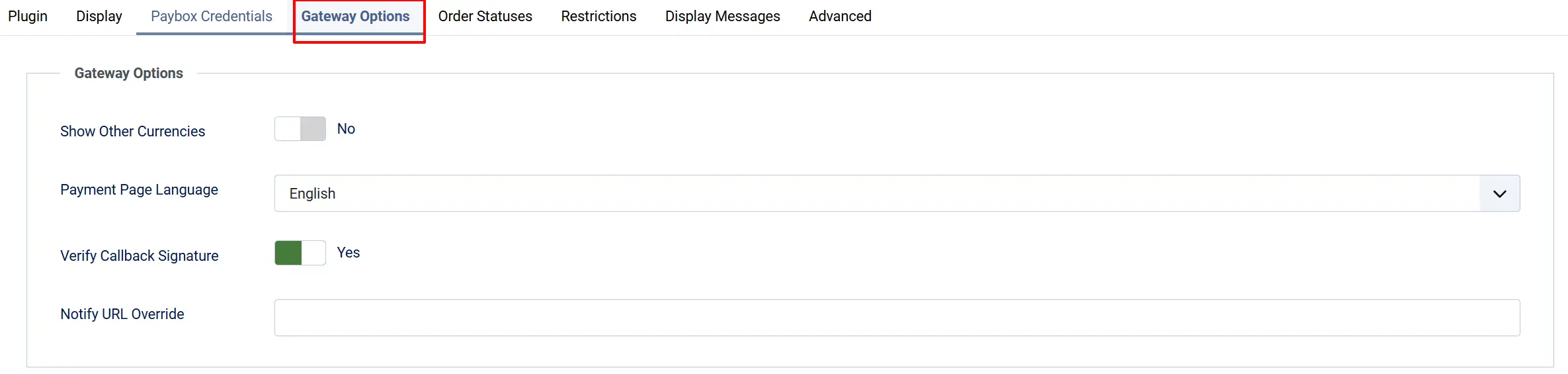 Paybox plugin, Gateway Options tab highlighted: Show Other Currencies No, Payment Page Language English, Verify Callback Signature Yes, empty Notify URL Override