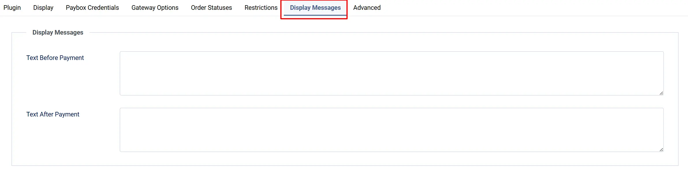 Paybox plugin, Display Messages tab highlighted, showing empty Text Before Payment and Text After Payment boxes
